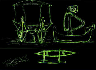 Dessin © 2005 Michel Tokoragi Pirogue double à voile de face et de profil et, en bas, une pirogue de pêche lagonnaire